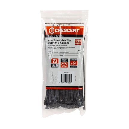 Crescent 200mm x 4.6mm black nylon cable ties, 100 pack in resealable bag