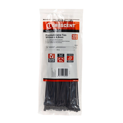 Crescent 300mm x 4.8mm black cable ties 100 pack in resealable bag