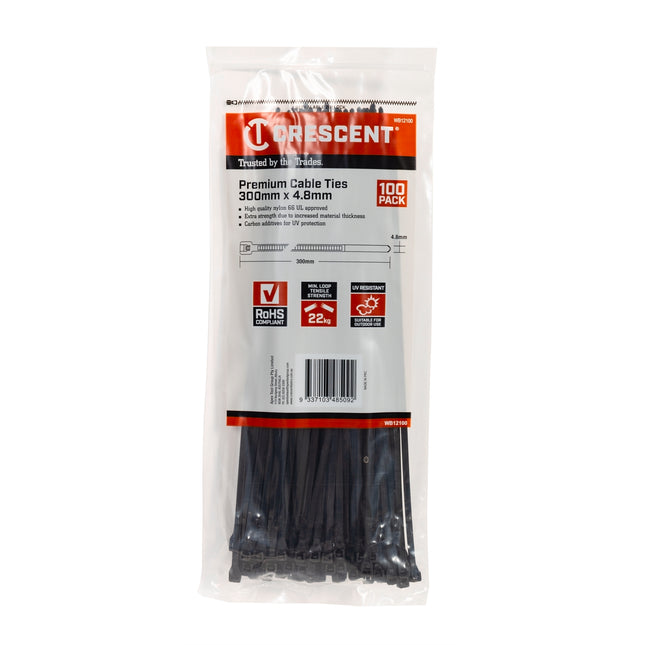 Crescent 300mm x 4.8mm black cable ties 100 pack in resealable bag