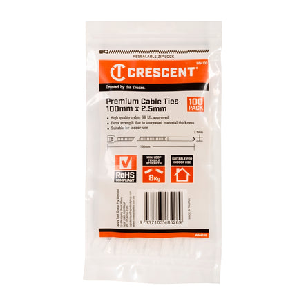 Crescent natural cable ties 100mm x 2.5mm, 100 pack in resealable bag