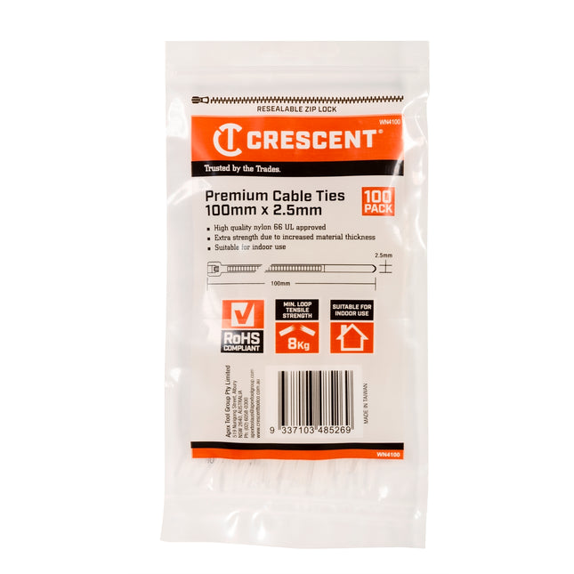 Crescent natural cable ties 100mm x 2.5mm, 100 pack in resealable bag