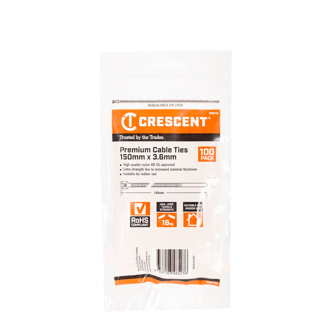 Crescent 150 x 3.6mm natural cable ties 100 pack in resealable bag