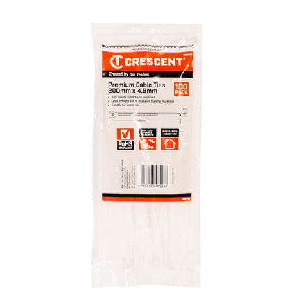 Crescent natural nylon cable ties 200mm x 4.6mm, 100 pack in resealable bag