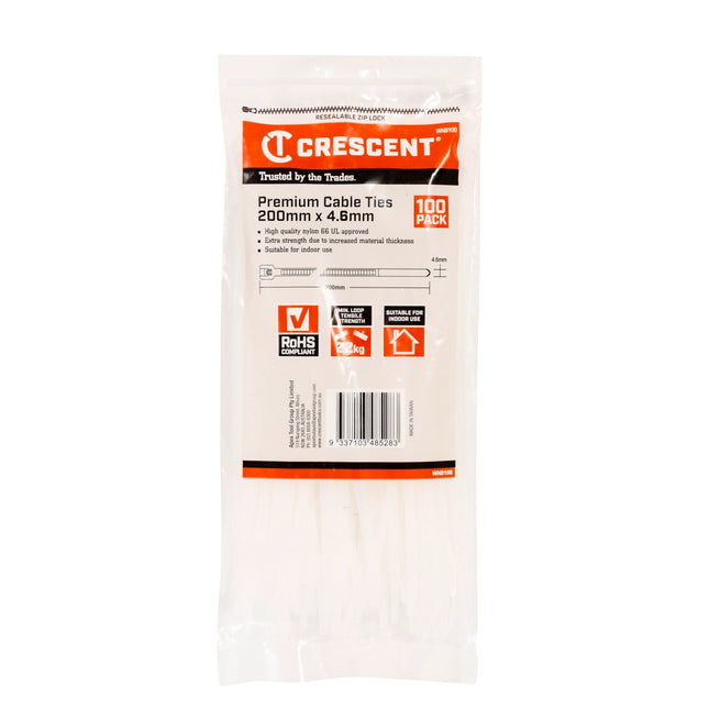 Crescent natural nylon cable ties 200mm x 4.6mm, 100 pack in resealable bag