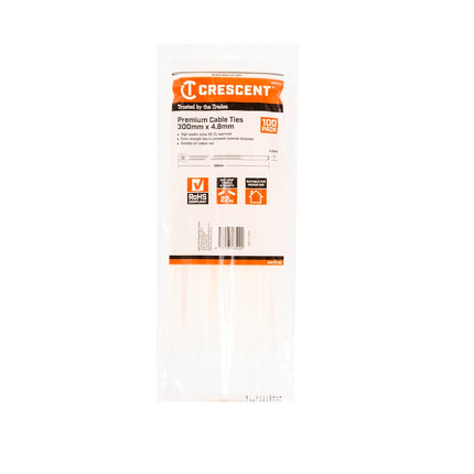 Crescent 300mm x 4.8mm natural nylon cable ties, 100 pack in resealable bag