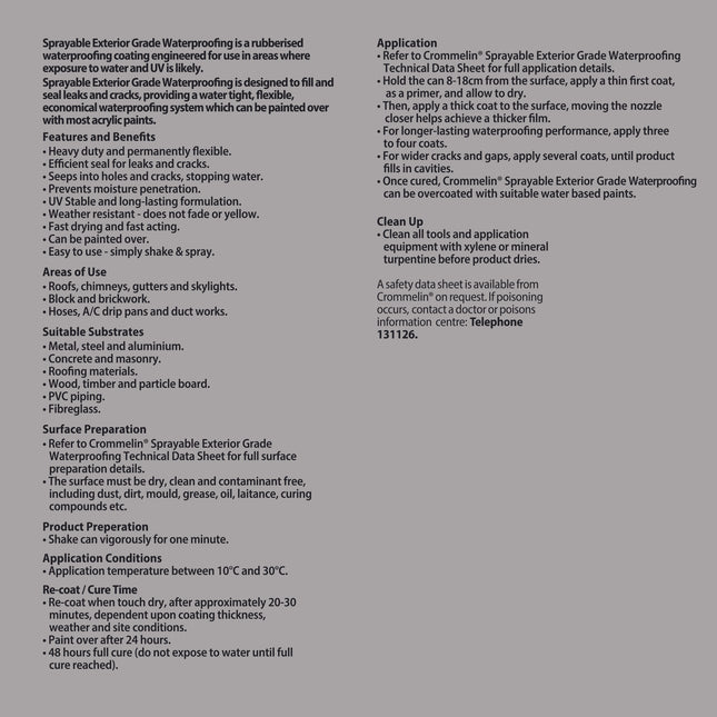 Crommelin Sprayable Exterior Grade Waterproofing 400ml (Grey Aerosol) (2)