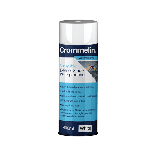 Crommelin Sprayable Exterior Grade Waterproofing 400ml white aerosol can
