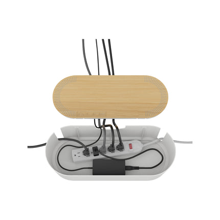 D-Line Large Cable Tidy Unit in white with wood look lid (2)