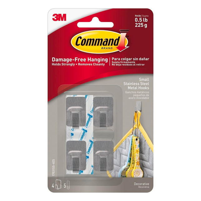 Packshot of Command Small Silver Stainless Steel Wall Hooks 4 Pack
