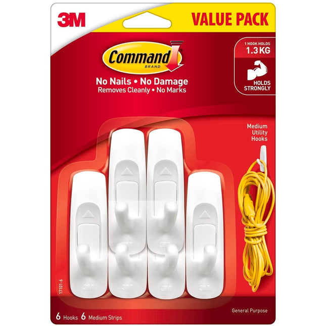 Packshot of Command Medium White Wall Hooks Value 6 Pack