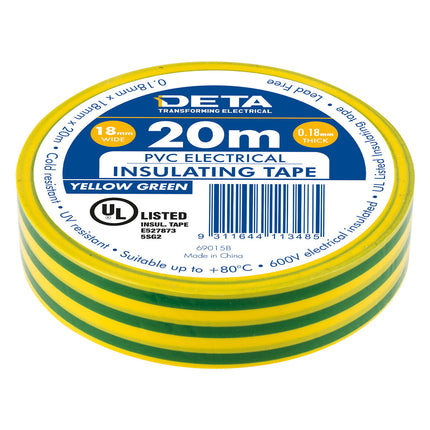 DETA yellow and green PVC electrical insulation tape 18mm x 20m roll