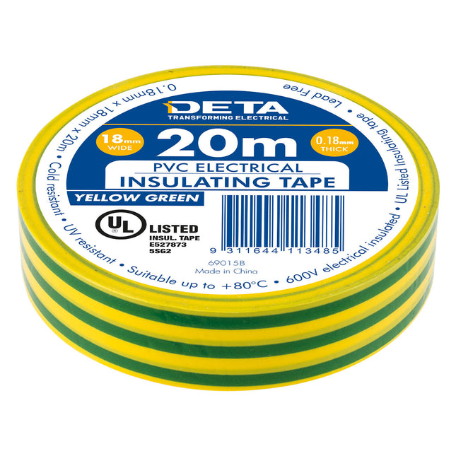 DETA yellow and green PVC electrical insulation tape 18mm x 20m roll
