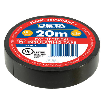DETA 18mm x 20m black flame retardant PVC electrical insulation tape roll