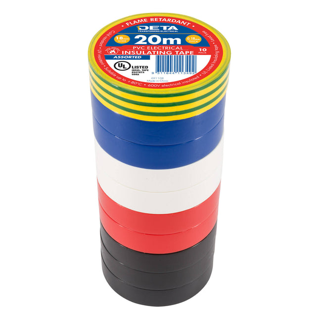 DETA Flame Retardant PVC Insulation Tape 18mm x 20m assorted colours 10 pack
