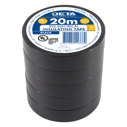 DETA black insulation PVC tape 18mm x 20m, 5 pack