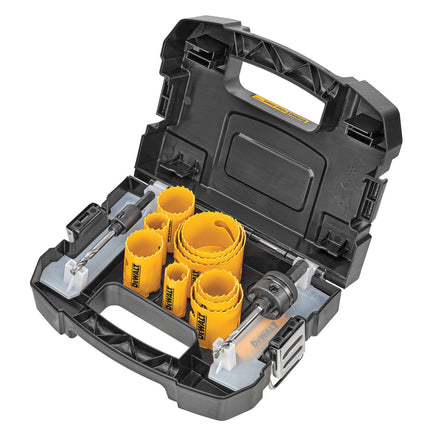 DeWalt 14 piece bi-metal hole saw kit with yellow hole saws, mandrels and black carry case