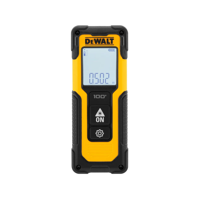 Dewalt yellow and black 30m laser distance measurer with digital display and two buttons