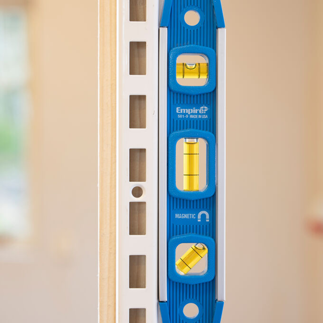 Empire 225mm Magnetic Torpedo Level with blue aluminium frame and three yellow vials (2)