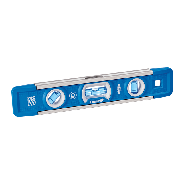 Empire 225mm magnetic torpedo level with blue e-BAND vials and V-groove edge