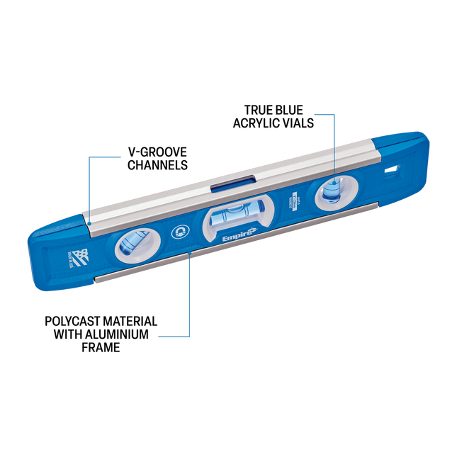 Empire 225mm magnetic torpedo level with blue e-BAND vials and V-groove edge (2)