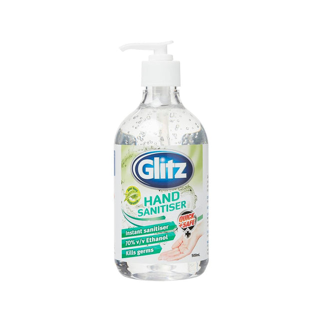 Packshot of Glitz Waterless Hand Sanitiser Quick Dry Antibacterial 500ml