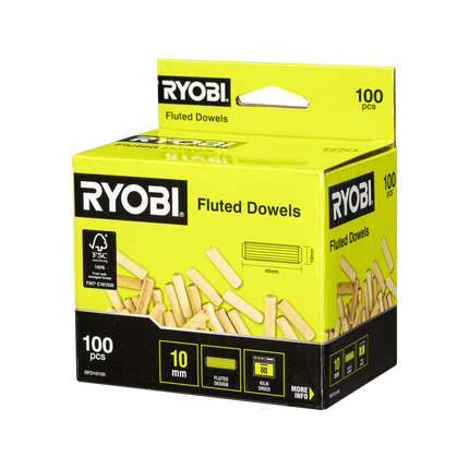 Packshot of Ryobi Fluted Dowels 10mm 100 Pack for Heavy-Duty Joinery