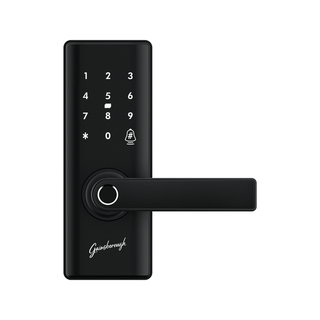 Gainsborough Liberty Smart Entrance Lock in Matte Black with fingerprint sensor and keypad