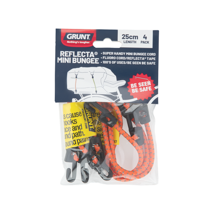 Grunt Mini Reflecta Flat Bungee Strap 4 pack with fluoro fabric and reflective tape