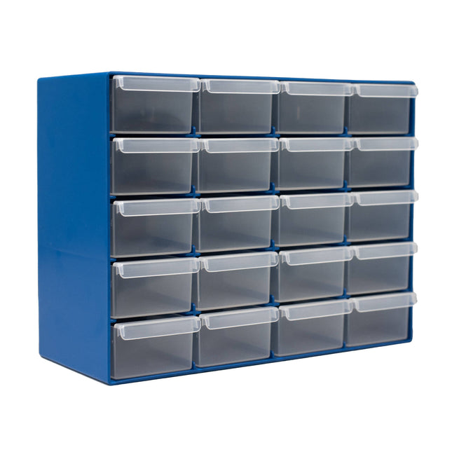 Handy Storage 20 Drawer Compartment Organiser in blue with clear drawer fronts