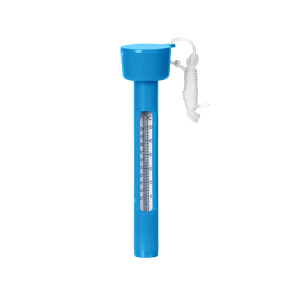 Hy-Clor blue floating pool thermometer with dual Celsius and Fahrenheit scale and nylon anchor cord