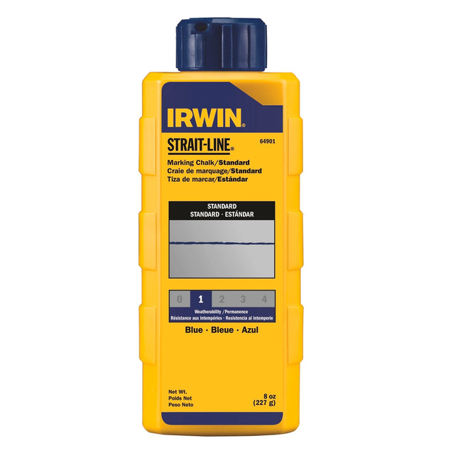 Irwin Strait-Line 8oz blue marking chalk bottle with blue flip-top cap