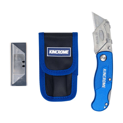 Kincrome Heavy Duty Folding Lock Back Utility Knife 150mm in blue with carry pouch