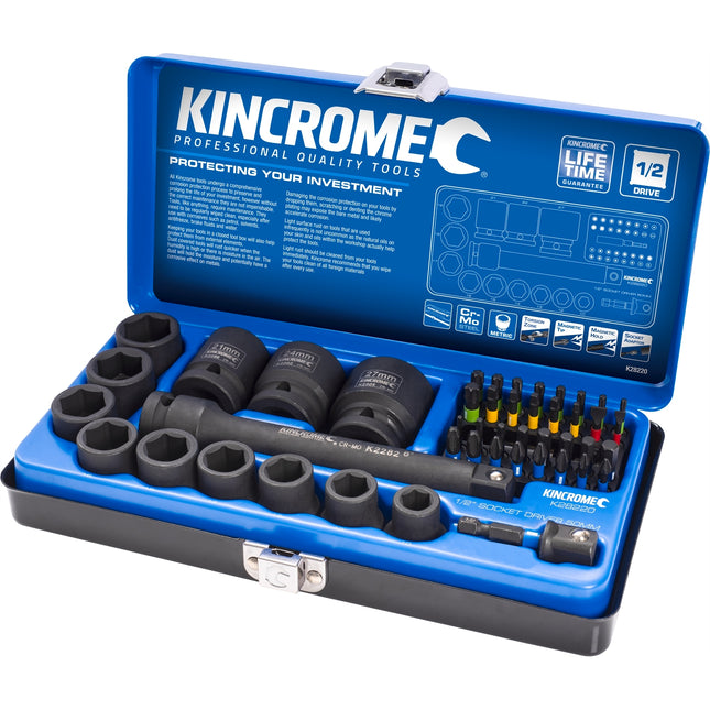 Kincrome 47 piece 1/2" drive metric impact socket and bit set in machined tin case