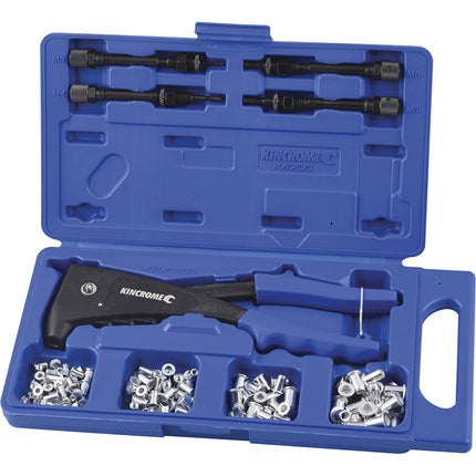 Kincrome 85 piece nut riveter kit with riveter, mandrels, rivet nuts and blow mould case