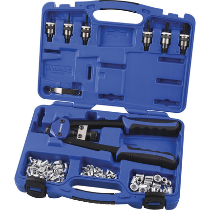 Kincrome K4900 68 piece twin handle nut riveter kit with mandrels and rivet nuts in blow mould case