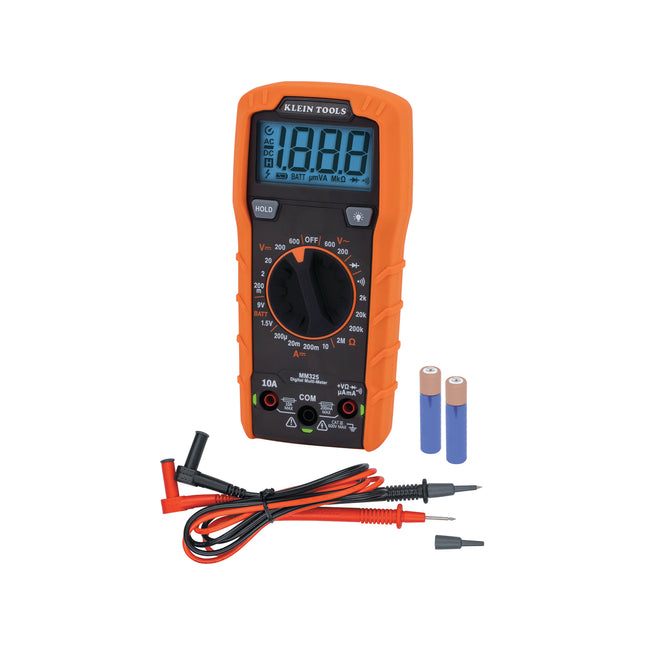 Klein Tools MM325 600V manual ranging digital multimeter in orange and black