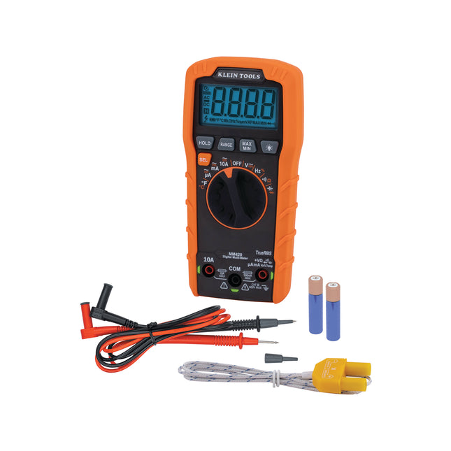 Klein Tools MM420 TRMS auto-ranging digital multimeter in orange and black