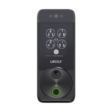 Lockly Visage Zeno Series matte black facial recognition smart deadbolt with touchscreen keypad and fingerprint sensor