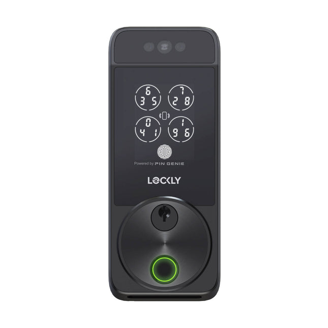 Lockly Visage Zeno Series matte black facial recognition smart deadbolt with touchscreen keypad and fingerprint sensor