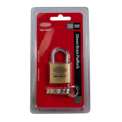Lockwood 120 Series 30mm solid brass padlock with 18mm shackle on display pack (4)