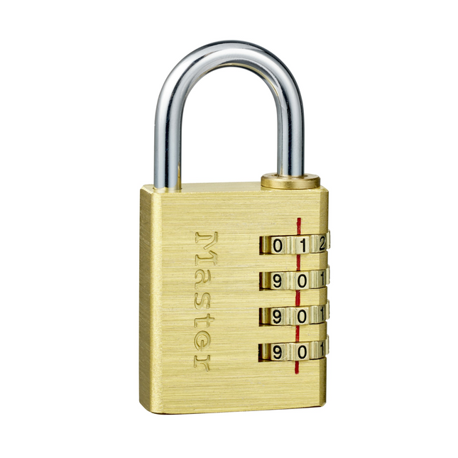 Master Lock 40mm brass combination padlock with 4-digit dials and chrome-plated steel shackle