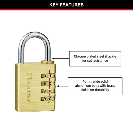Master Lock 40mm brass combination padlock with 4-digit dials and chrome-plated steel shackle (2)