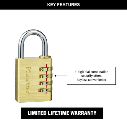 Master Lock 40mm brass combination padlock with 4-digit dials and chrome-plated steel shackle (3)