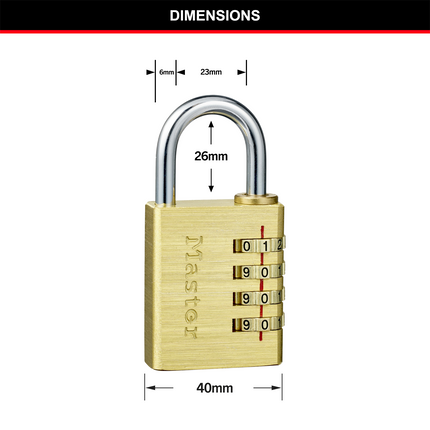 Master Lock 40mm brass combination padlock with 4-digit dials and chrome-plated steel shackle (4)