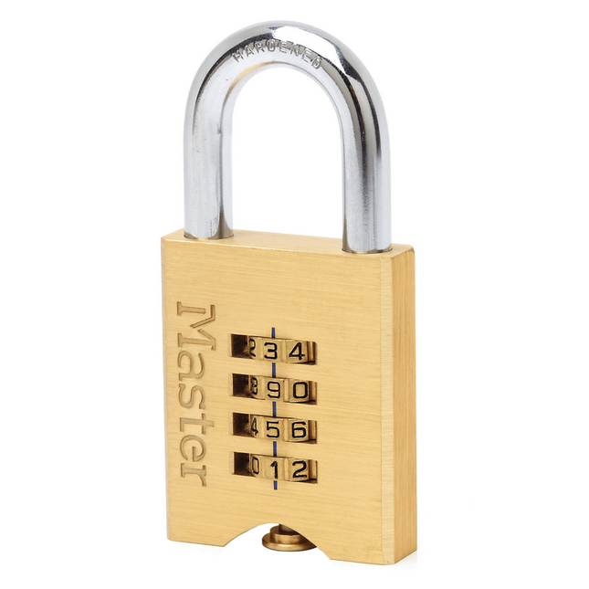 Master Lock 50mm solid brass resettable combination padlock with steel shackle and dials on both sides