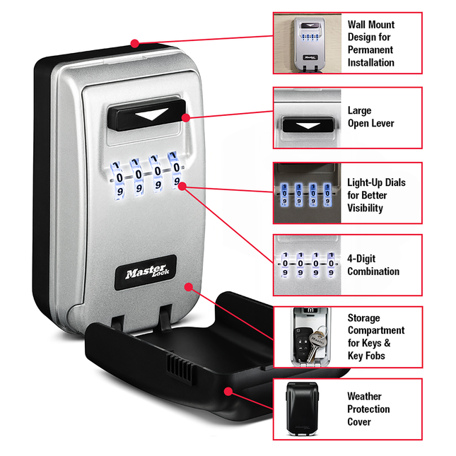 Master Lock Light Up Wall Mounted Key Safe 5425DAU with light-up combination dials and weather cover (2)