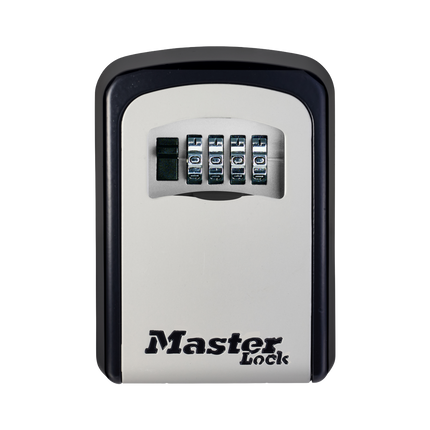 Master Lock Wall Mounted Key Safe 5401DAU in black and silver with shutter cover over the combination dials