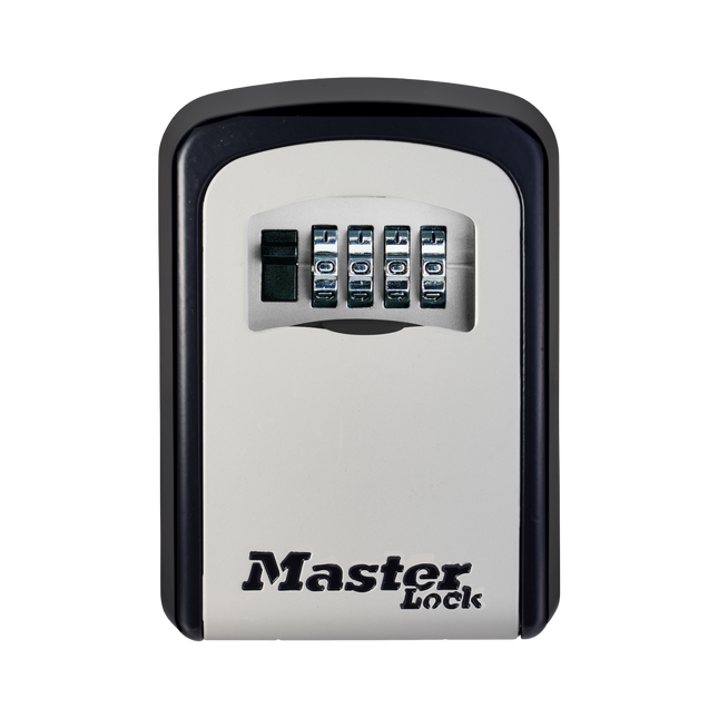 Master Lock Wall Mounted Key Safe 5401DAU in black and silver with shutter cover over the combination dials
