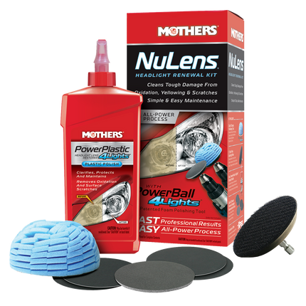 Mothers NuLens Headlight Renewal Kit 236ml box with polishing tool and polish