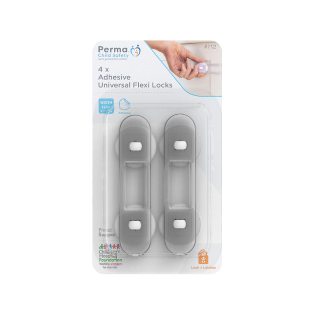 Perma Child Safety 12cm Adhesive Universal Flexi Locks 4 pack in retail packaging